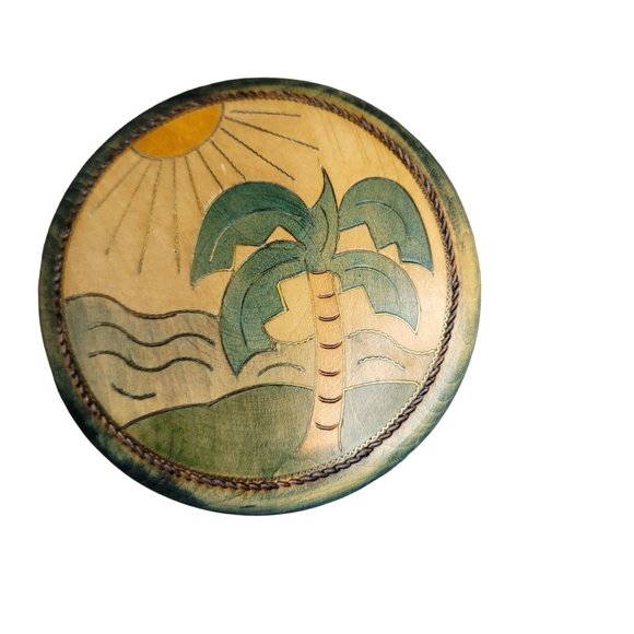 wooden hand carved tropical themed round box container with shells sand dollar - Picture 2 of 10